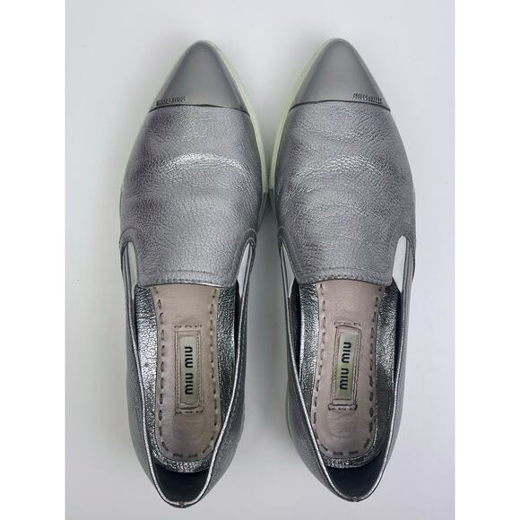 Miu Miu Silver Leather Pointed Toe Slip On Sneakers Loafers Sz 5.5 Prada - Picture 5 of 10
